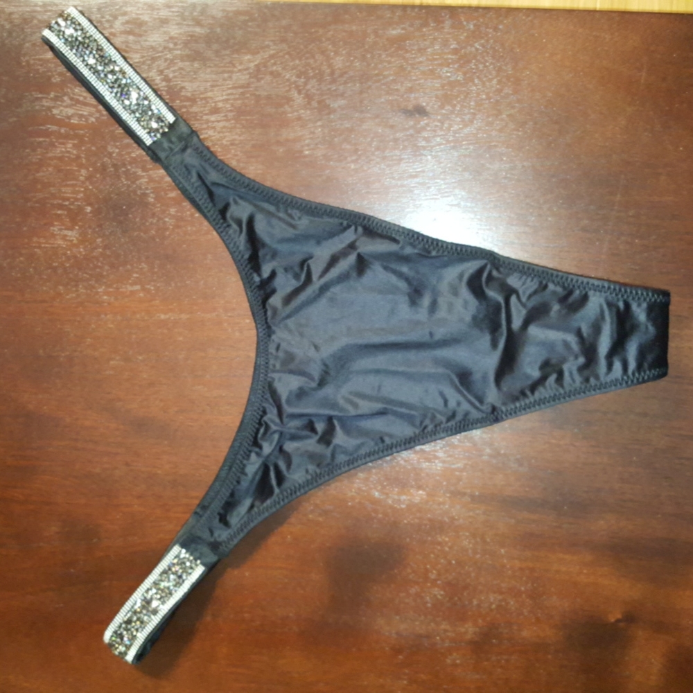 Victoria's Secret 3D Black Rhinestone Strap Thong Panty